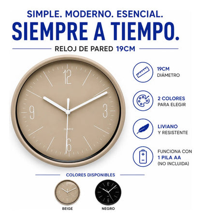 Reloj De Pared Redondo Analógico 19cm Moderno Decorativo Negro
