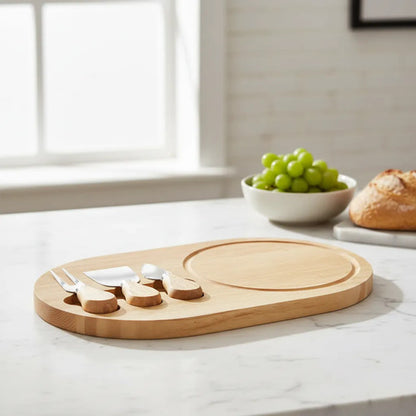 Set Tabla Picadas Bamboo Quesos Pack X3 Cubiertos 36cm Geométrico Marrón Claro