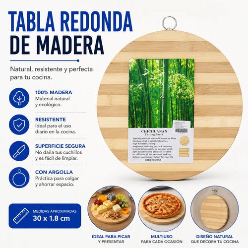 Tabla Redonda Madera Cocina Picar Servir 30cm Práctica Madera Natural