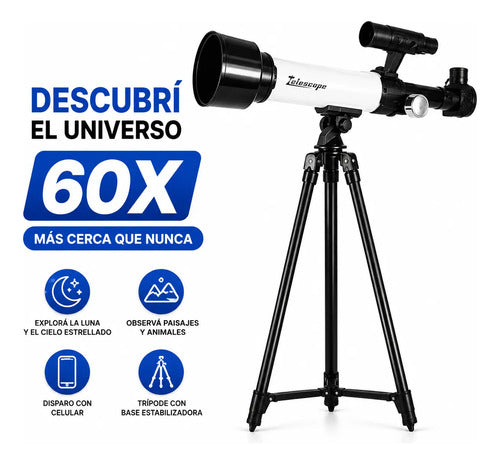 Telescopio Astronómico 30x 60x Trípode Soporte Celular Blanco Con Negro