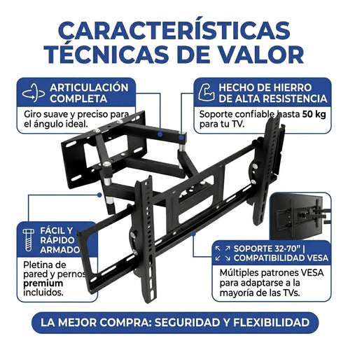 Base Articulada Televisor Soporte Pared Hierro Fuerte 32 70p Negro