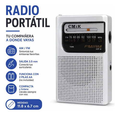 Radio Portátil Cmik Am Fm Bolsillo Pilas Aa Jack 3.5 Mini Gris
