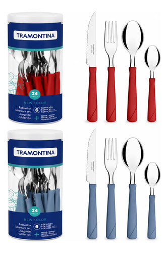 Set Juego De Cubiertos Pack X24 Piezas Pote Acero Inoxidable Azul