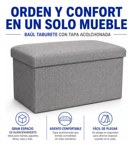 Banco Organizador Baul Taburete Plegable Tapa Acolchada Beige Tela Tramada Lisa