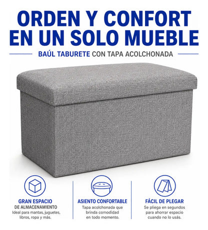 Banco Organizador Baul Taburete Plegable Tapa Acolchada Beige Tela Tramada Lisa