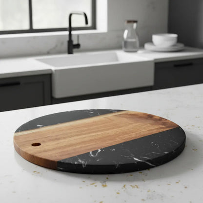 Tabla De Cocina Madera Mármol Picar Servir Redonda 25cm Madera Y Mármol Negro Con Marrón