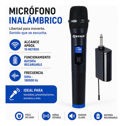 Microfono Inalambrico Uhf Recargable C/receptor 10 Metros Negro