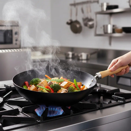Sartén Wok Redondo Mango Madera Antiadherente Acero Carbono Negro