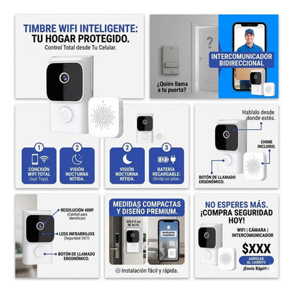 Timbre Inteligente Inalambrico Wifi Camara Vision Nocturna Blanco