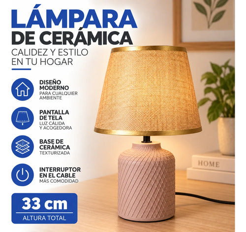 Lámpara Mesa Cerámica Texturizada Velador E27 33cm Beige