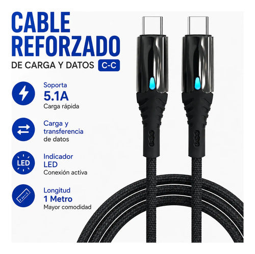 Cable Reforzado C A C 1m 5.1a Carga Datos Led Reforzado Negro