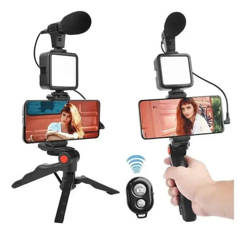 Tripode Soporte Celular Con Luz Led Y Microfono Para Video Negro