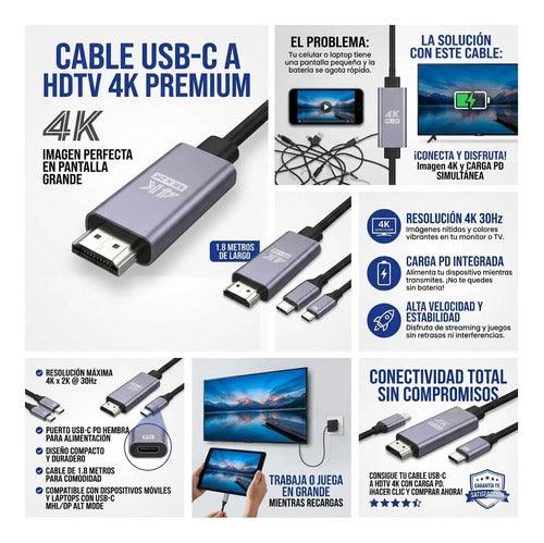 Cable Adaptador Video Tipo C Hdtv 4k Mac Os Android 1.8 Mt