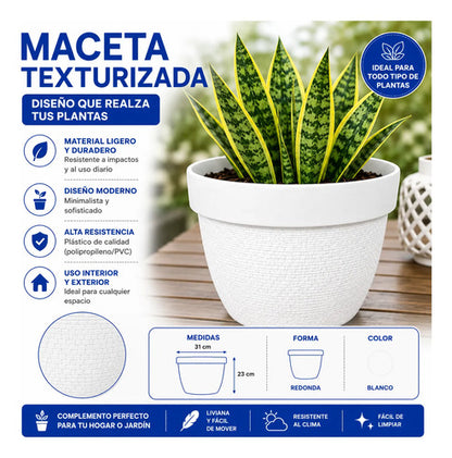 Maceta Plastica Texturizada 31x23cm Jardin Redonda Hogar Blanco