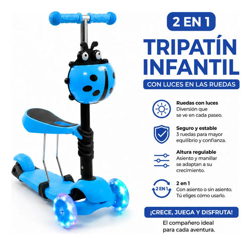 Scooter Tripatín Infantil 2 En 1 Asiento Luces Desmontable Celeste