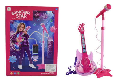 Guitarra Infantil Regulable Rosa Micrófono Pie Sonido Rosa