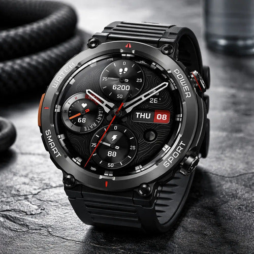 Reloj Inteligente Smartwatch Pantalla Tactil 1.45 Pulgadas Negro Mate Polímero Reforzado Malla Deportiva Negro Con Detalles En Gris Gris Plomo / Negro Metalizado Acabado Pvd