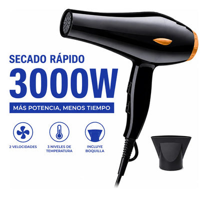 Secador De Pelo 3000w 2 Velocidades 3 Temperaturas Boquilla Negro