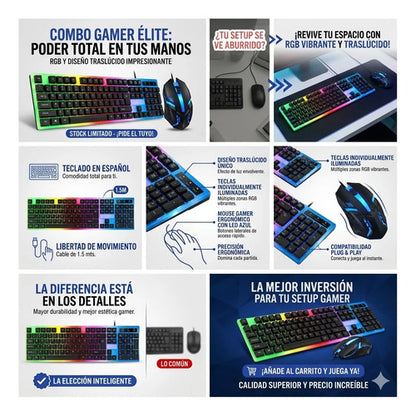 Combo Teclado Mouse Español Traslucido Luces Usb Pc Consolas Rgb Multicolor
