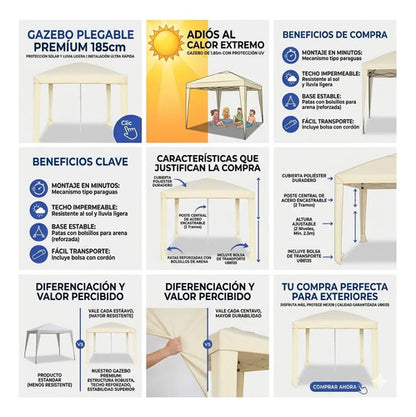 Gazebo Sombrilla Plegable Acero Ideal Fuerte Premium Calidad Beige Claro