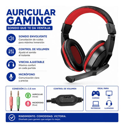 Auricular Gamer Control Volumen Micrófono Vincha Ajustable Negro Con Rojo