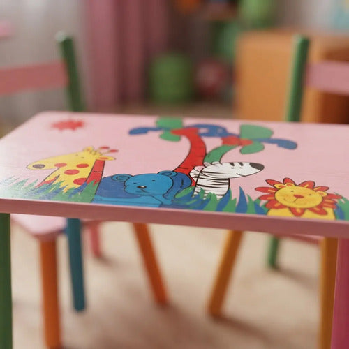 Set Mesa Infantil 2 Sillas Madera Diseño Animado Niños Rosa