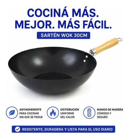 Sartén Wok Antiadherente Mango Madera 30cm Acero Carbono Negro