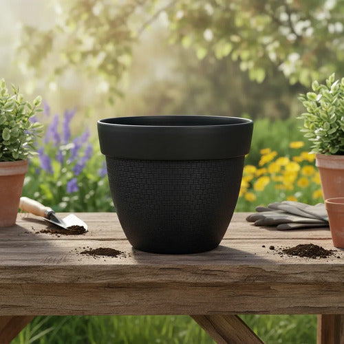 Maceta Decorativa Plástico Reforzado Redonda Texturizada Negro
