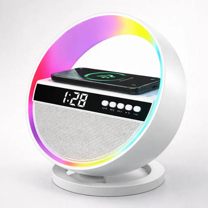 Parlante Bluetooth Cargador Inalámbrico Reloj Alarma Rgb Blanco