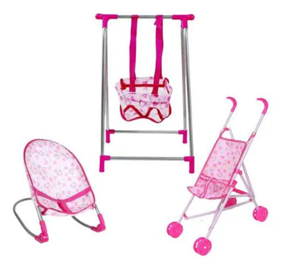 Set Infantil Coche Hamaca Silla Para Muñecas 3 Piezas Rosa