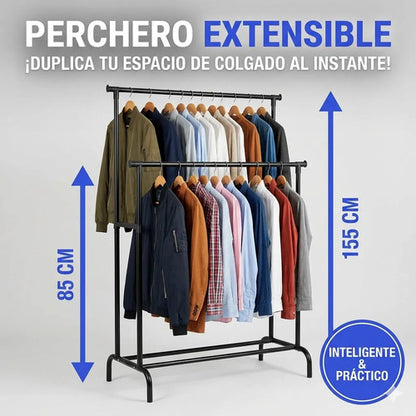 Perchero Ropero Doble Extensible Rueda Organizador 155 Metal Negro