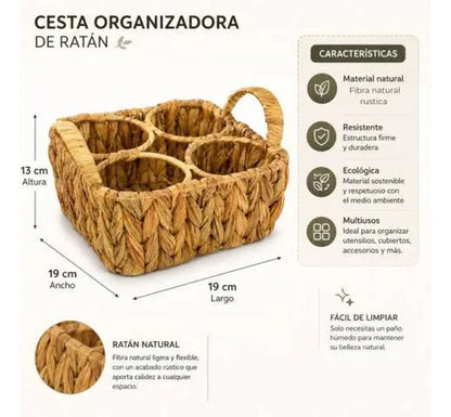 Cesta Canasto Organizador Ratán 4 Compartimentos Trenzado Amarillo