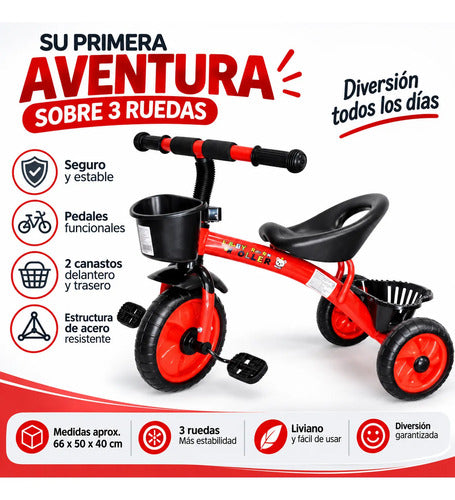 Triciclo Infantil 3 Ruedas Pedales 2 Canastos Acero 66cm Rojo