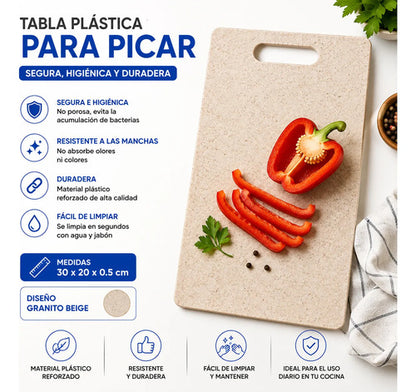 Tabla Cocina Plástica Manija Reforzada Para Picar 30x20cm Granito Beige