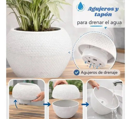 Maceta Plástica Decorativa Texturada Redonda Drenaje 18x24cm Blanco