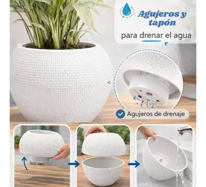 Maceta Plástica Decorativa Texturada Redonda Drenaje 18x24cm Blanco
