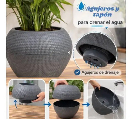 Maceta Plástica Decorativa Texturada Redonda Drenaje 18x24cm Gris