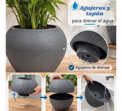 Maceta Plástica Decorativa Texturada Redonda Drenaje 18x24cm Gris