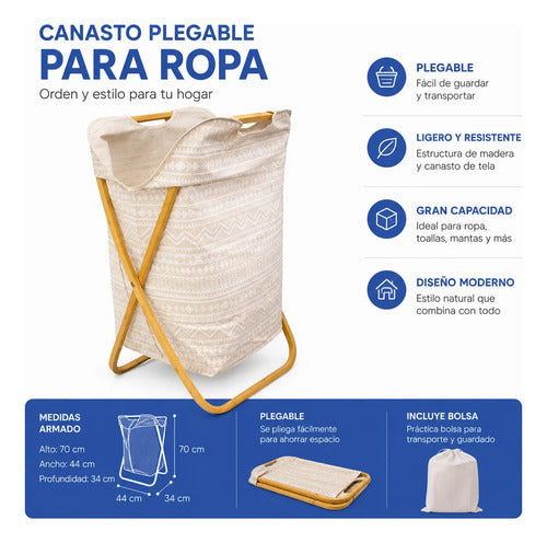 Canasto Cesto Ropa Plegable Ropa Lavanderia Madera Tela Beige Geométrico