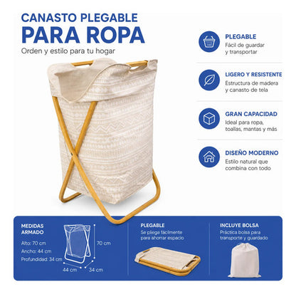Canasto Cesto Ropa Plegable Ropa Lavanderia Madera Tela Beige Geométrico