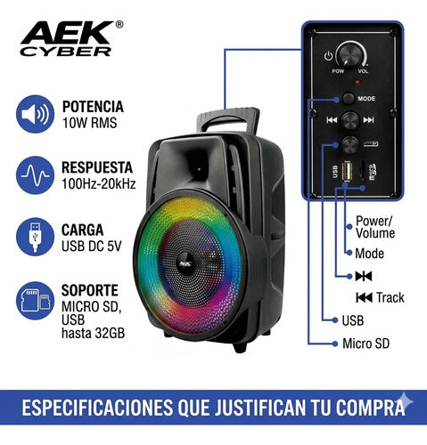Parlante Inalambrico Bluetooth Ios Android 8 Pulgadas Luces Negro