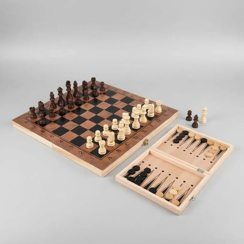 Juego Ajedrez Madera Damas Backgammon Tablero 3 En 1 48x48cm