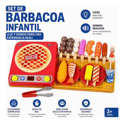 Set Parrilla Infantil De Juguete Luz Sonido Con Accesorios Rojo