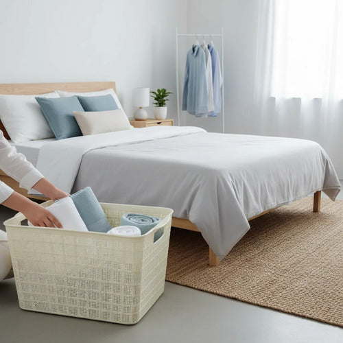 Canasto Plastico Labrado 34x27x22cm Organizador Liviano Beige