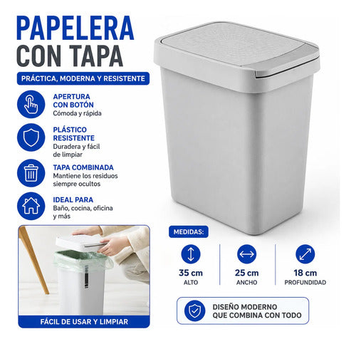 Papelera Cesto Basura Plástico Tapa Apertura Superior Botón Gris