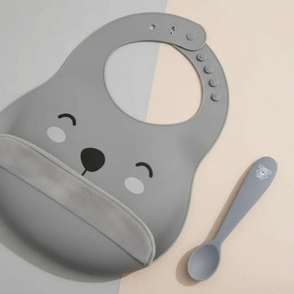 Set Kit Infantil Babero Cuchara Bebé Pack X2 Piezas Gris Animales Unico