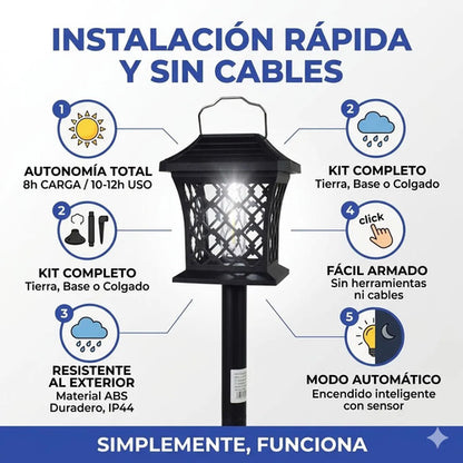 Farol Led Solar Recargable Exterior Colgante Base O Suelo Negro