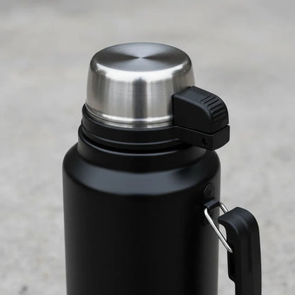 Termo Acero Inoxidable 1.2l Asa Plegable Hermético 2 Paredes Negro Mate
