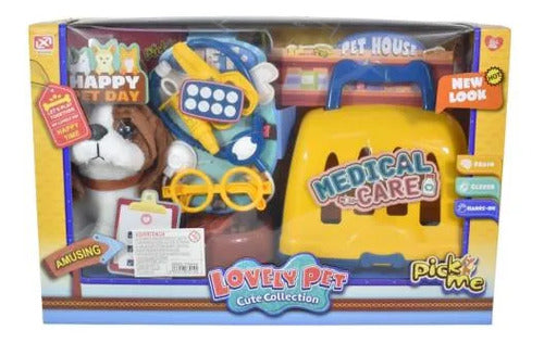 Set Veterinario Infantil Mascota Peluche Jaula Accesorios Amarillo Y Azul