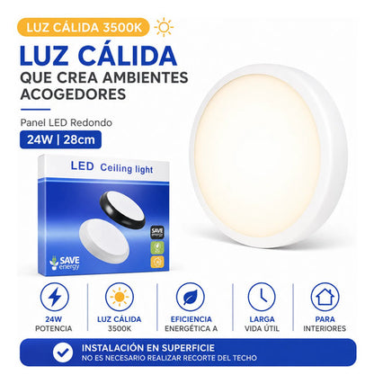 Panel Led Redondo 24w Luz Cálida 3500k 28cm Plafón Blanco